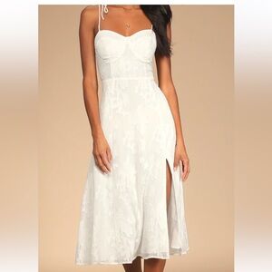Loveliest Looks White Floral Jacquard Tie-Strap Midi Dress - Lulus - Large NWT